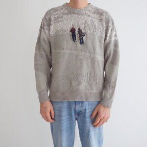 Carmel Beige Knit Sweater With Embroidered Walking Golfers Scene Crewneck Medium